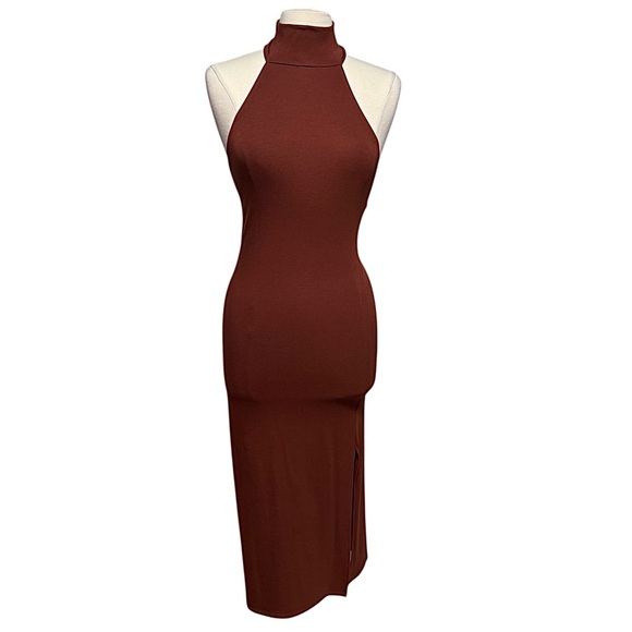 Fore Slinky Soft Rust Brown Open Back Sleeveless Halter Midi Dress Small NWOT - Picture 6 of 9